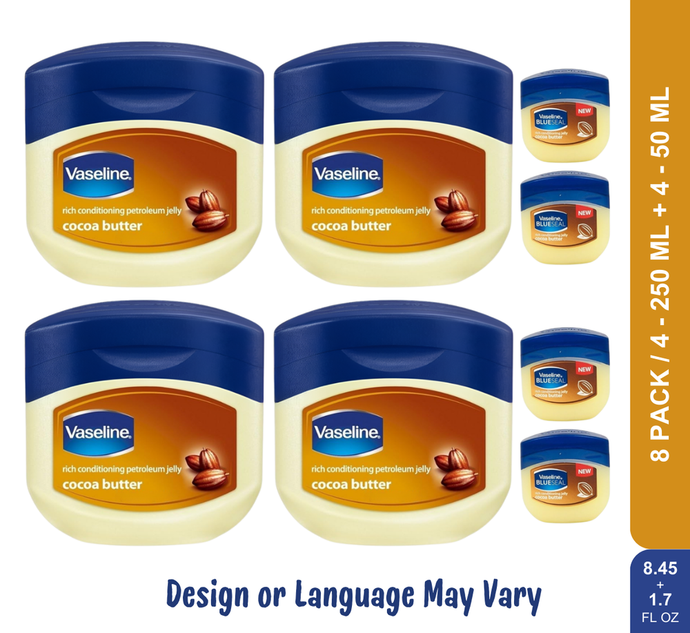 Vaseline Cocoa Butter Moisturizer Set 4x8.45oz + 4x1.7oz Petroleum Jelly