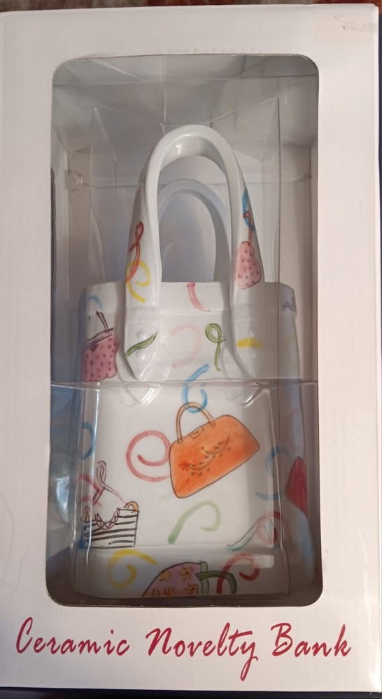 NOS Retired Novelty Ceramic Money Bank Shopping Bag Purse Shaped Piggy Bank