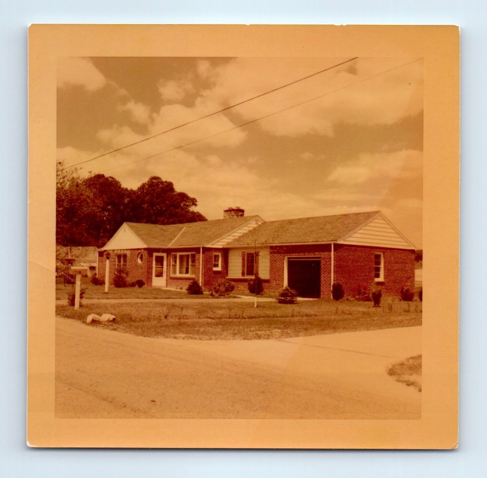 Old Vintage Square Color Photo BRICK HOUSE LITTLE FLUFFY CLOUDS SNAPSHOT PIC