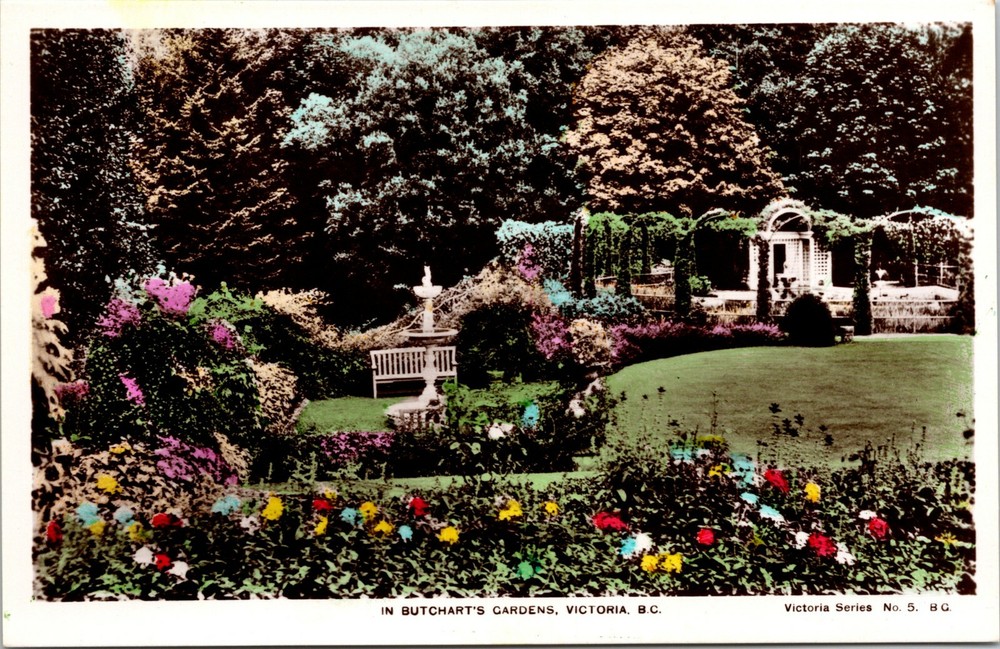 In Butchart's Gardens Victoria BC Canada Hand Color Vintage Postcard