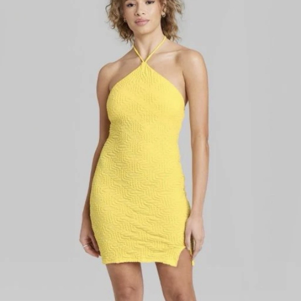 Wild Fable Yellow Halter Mini Dress Women’s Large Smocked Bodycon NEW