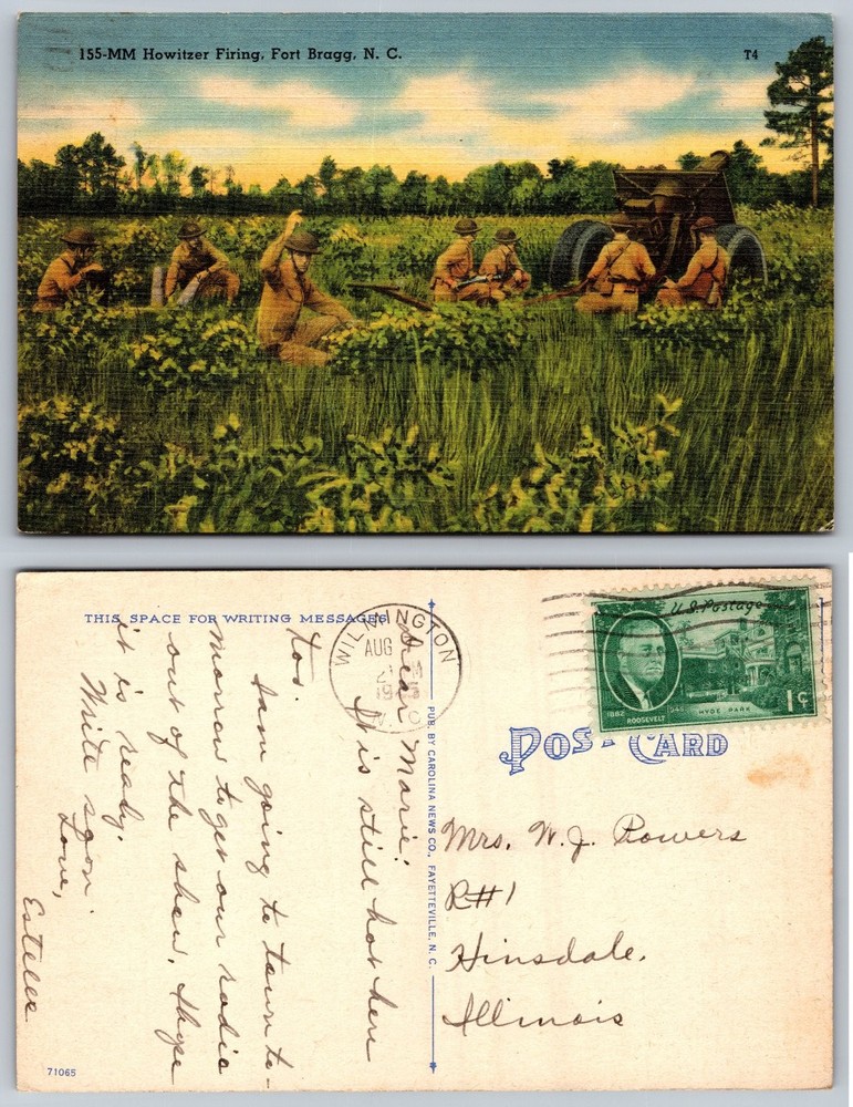 1944 Fort Bragg NC 155-MM Howitzer Firing Linen Postcard WWII Era Posted