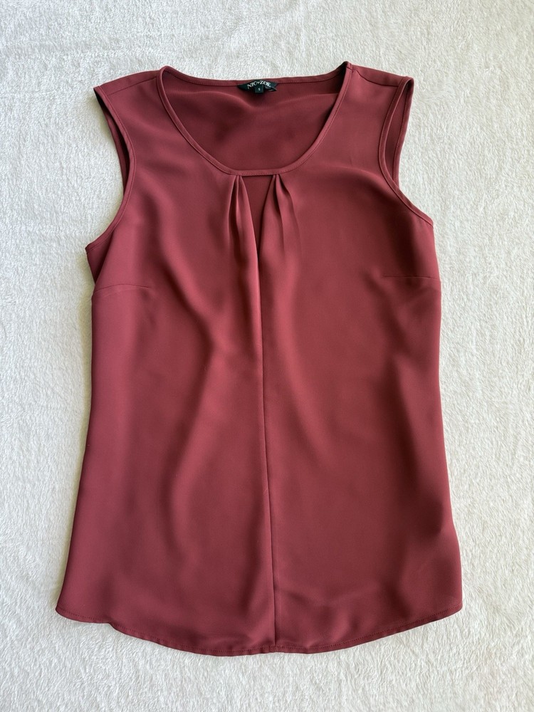 NIC+ZOE Women's Burgundy Sleeveless Scoop Neck Pleat Accent Blouse Size S