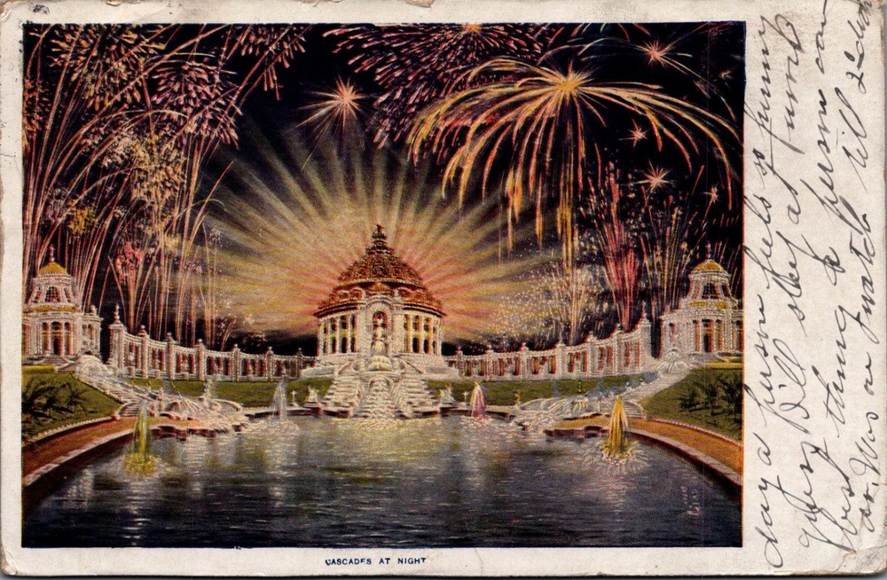 1904 Indianapolis Cascades at Night Fireworks Postcard