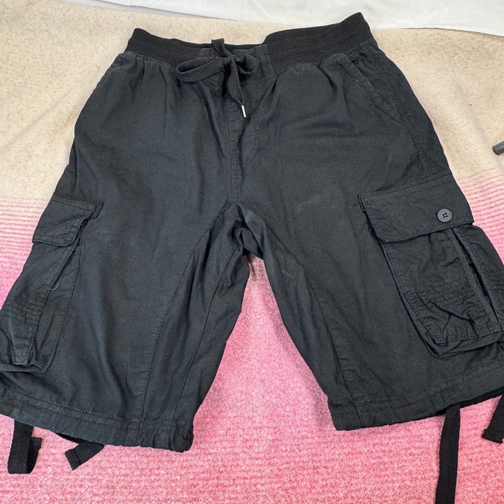 Southpole Men’s Black Cargo Shorts L – Elastic Drawstring Waist, Pockets