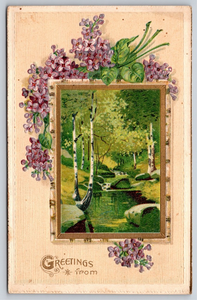 Greetings From~Creek Scene In Gold Frame & Violet Flowers~Emb~Vintage Postcard