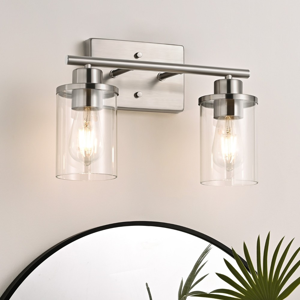 Modern Brushed Nickel Vanity Light 2 Light Clear Glass Wall Sconce Bathroom