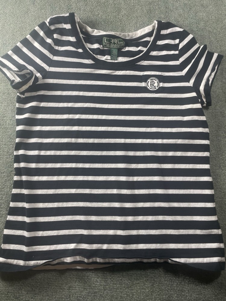 Lauren Ralph Lauren Lauren Active Striped Crew Neck Cotton T-Shirt Navy White L