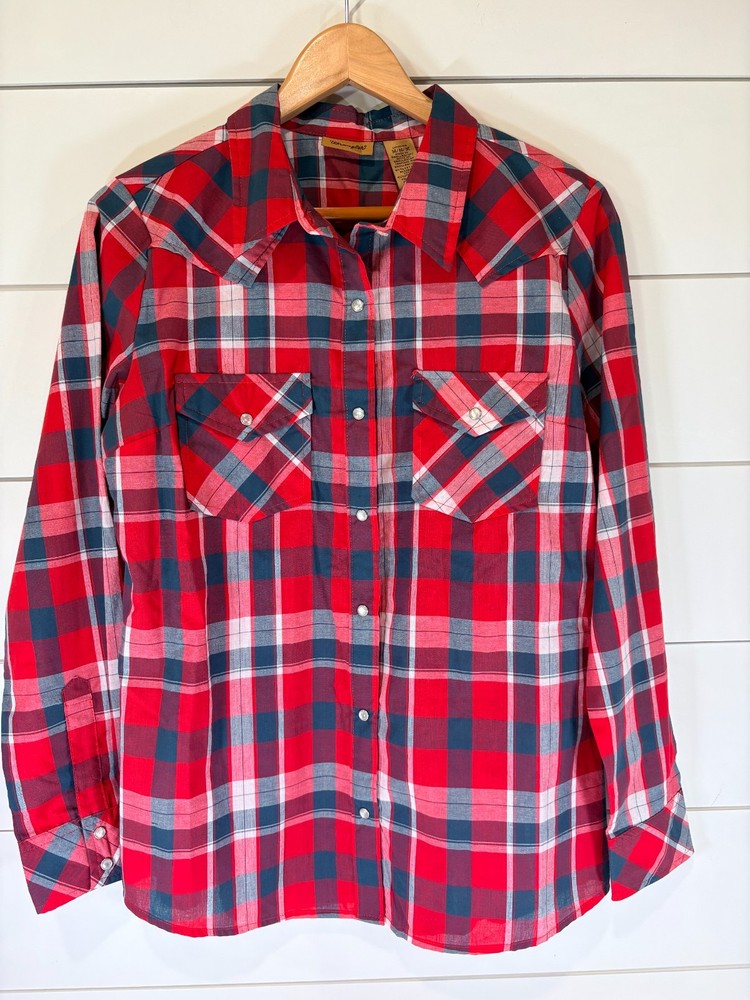 Wrangler Western Shirt Men's Red Blue White Plaid Long Sleeve Pearl Snaps Medium