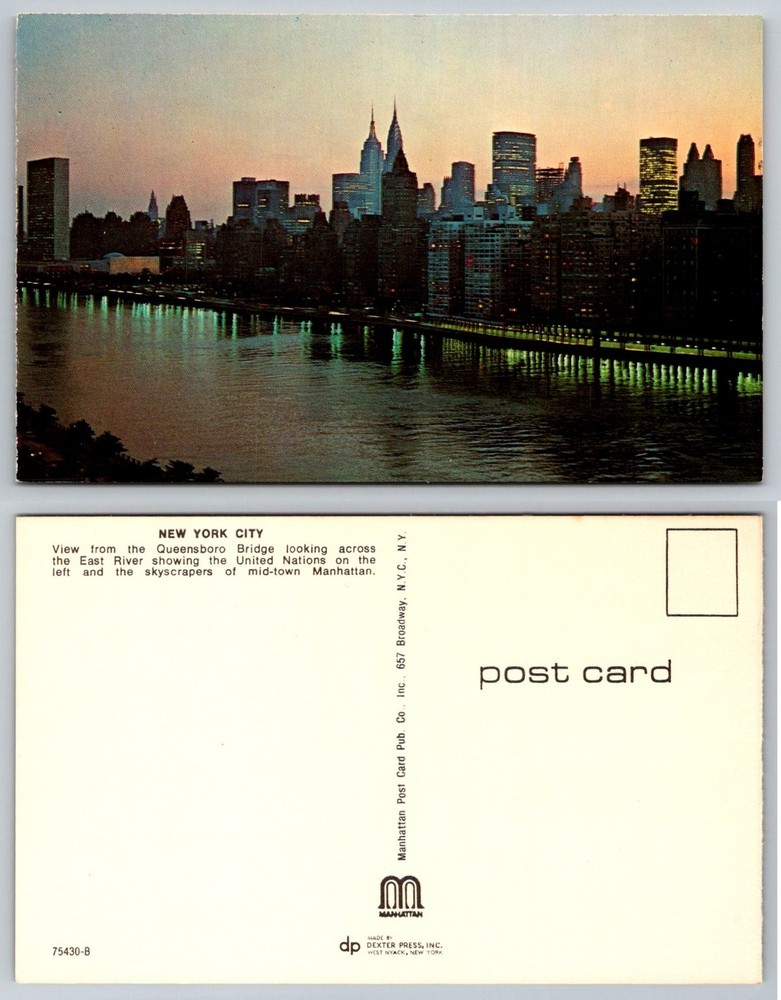 NYC Midtown Manhattan Skyline East River Dusk View Postcard UN Dexter Press