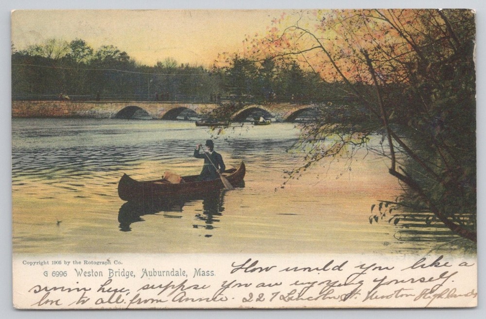 1908 Weston Bridge Auburndale MA Canoe Sunset Rotograph Postcard