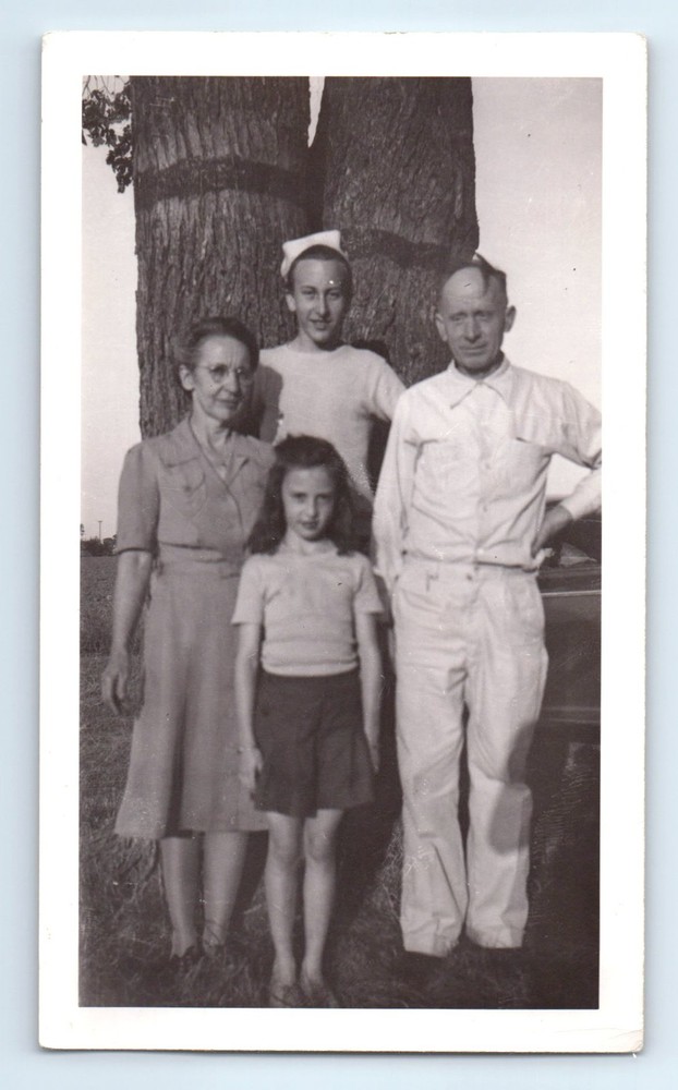 Old Vintage Photo MAN WOMAN BOY AND GIRL STANDING OUTSIDE UNDER TREE