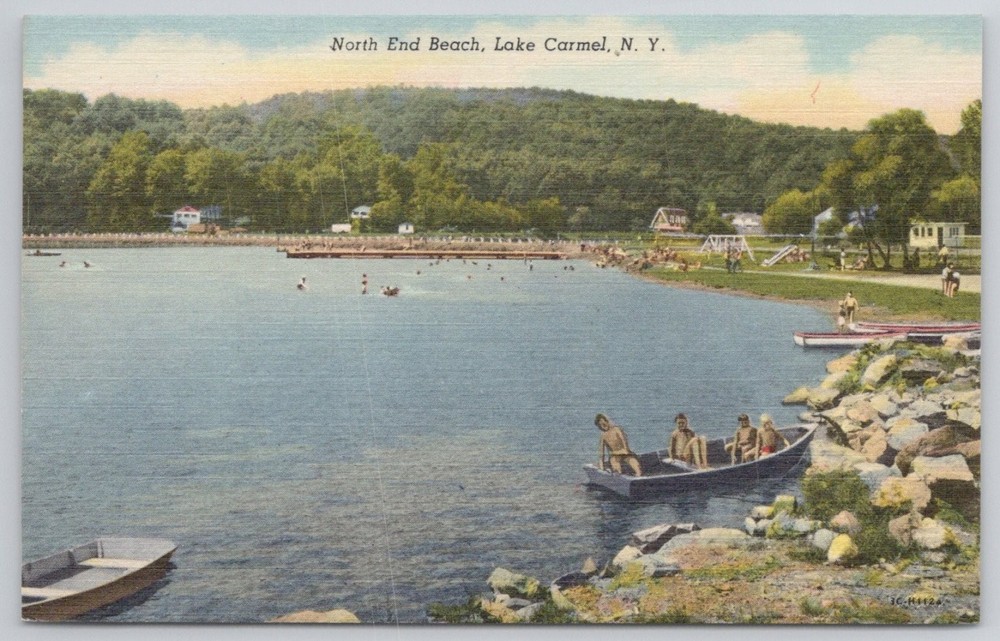 Lake Carmel NY North End Beach Vintage Curteich Colortone Postcard New York