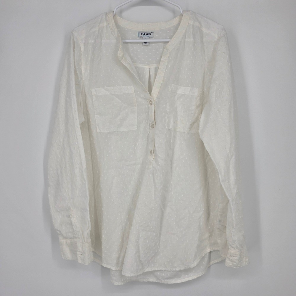 Old Navy Swiss Dot Henley Blouse XL White Cottagecore Boho Long Sleeve Top