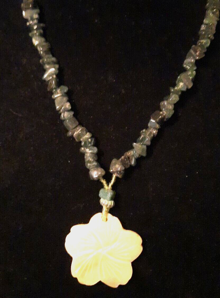 Vintage Mother of Pearl Jade Chipped Necklace Carved Flower Pendant Beaded 1970s