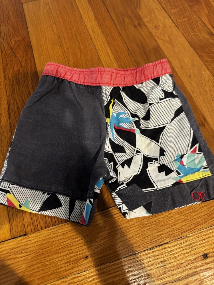 Vintage OP Ocean Pacific 90s Boys Swim Trunks Palm Tree Black White Abstract 3T-image
