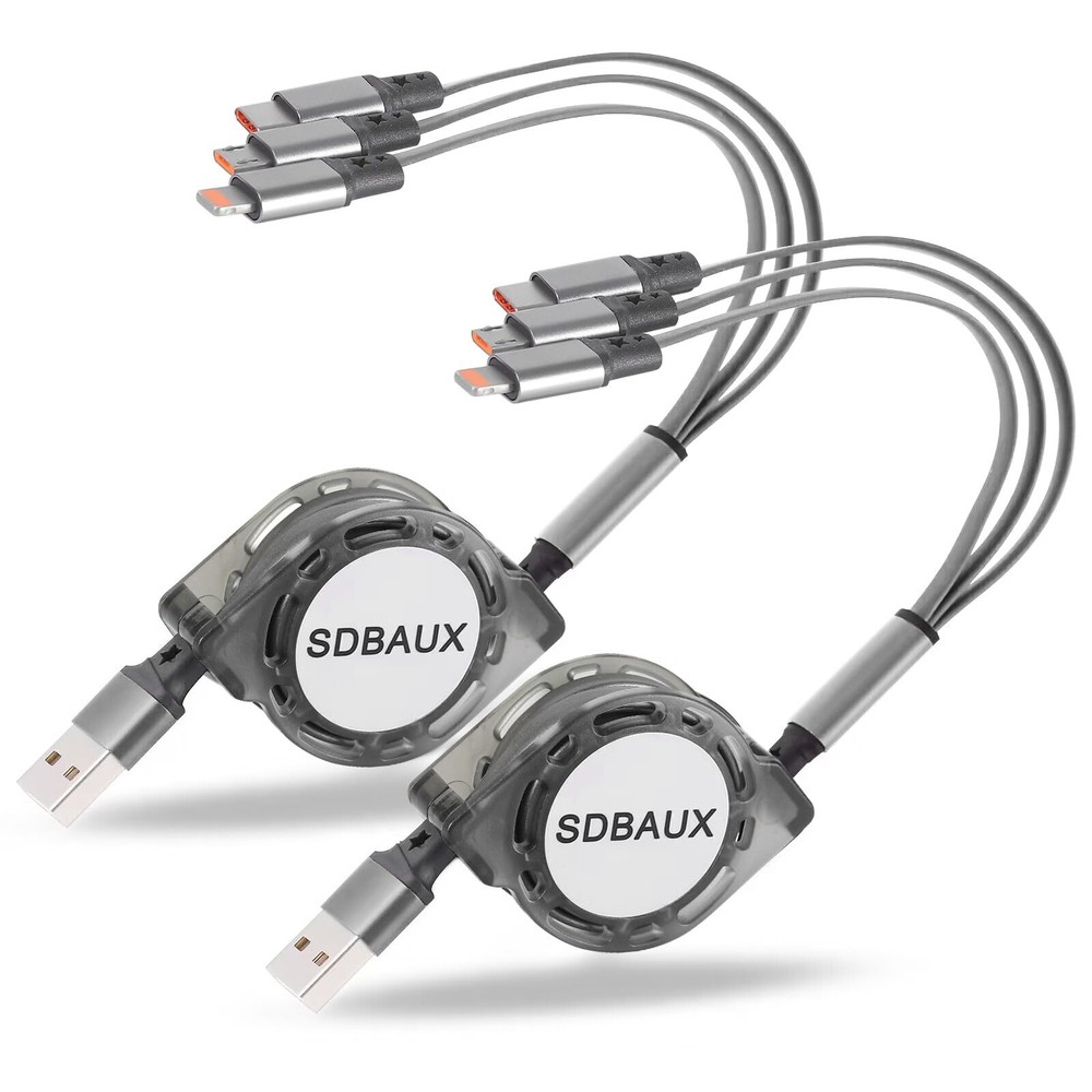 2-Pack Retractable 3-in-1 USB Charger Cable for Multiple Devices