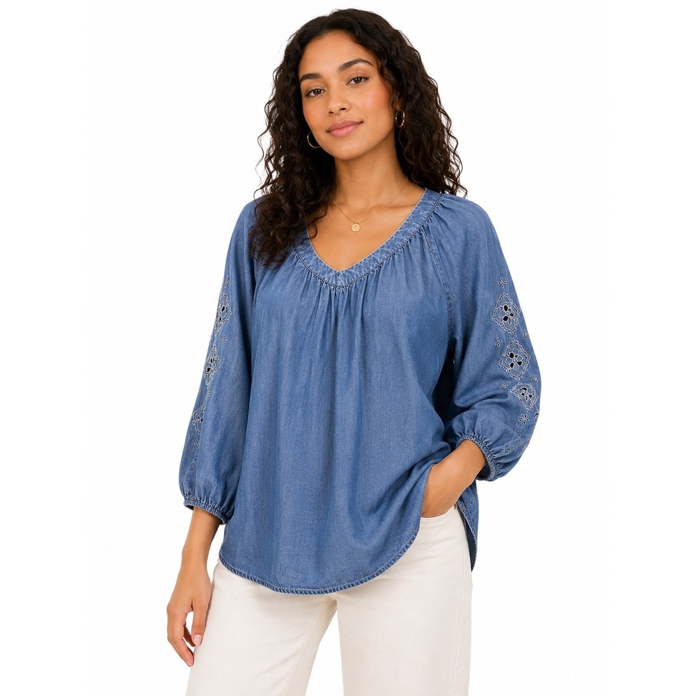 LC Lyocell Denim Embroidered Eyelet Sleeve Peasant Top L Boho  Coastal Cowgirl