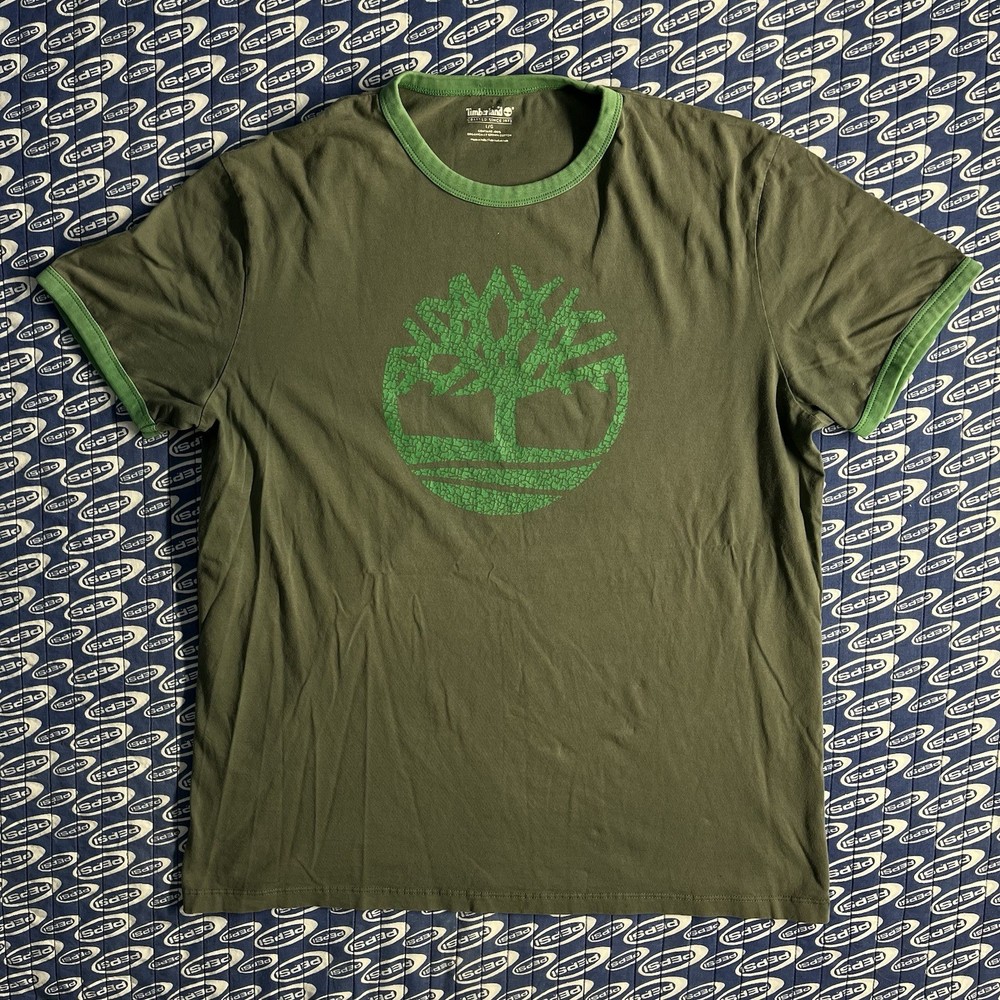 2000s Mens Timberland Logo Ringer T Shirt Green Size Large
