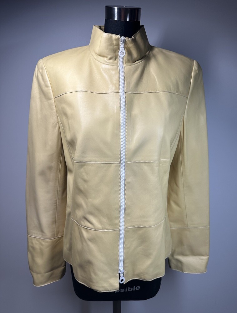 Akris Punto Women Light Yellow  Lamb Leather Full Zip Long Sleeve Jacket Size M