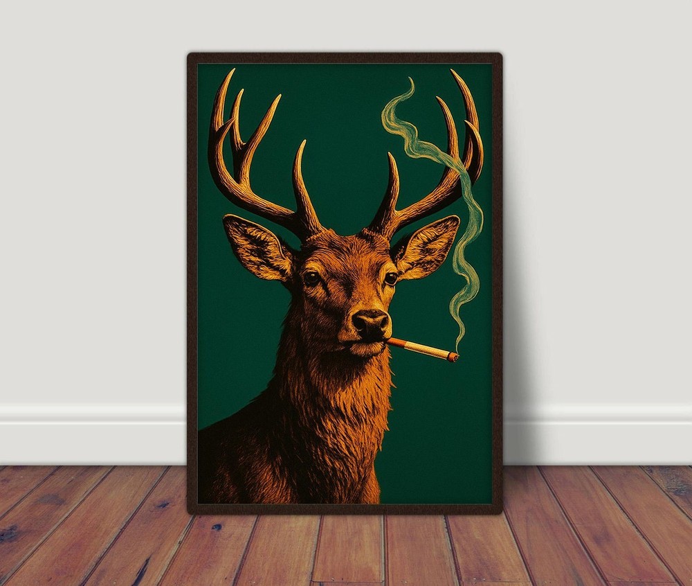 Retro Whitetail Buck Wall Art, Smoking Deer Poster, Funny Wildlife Illustration