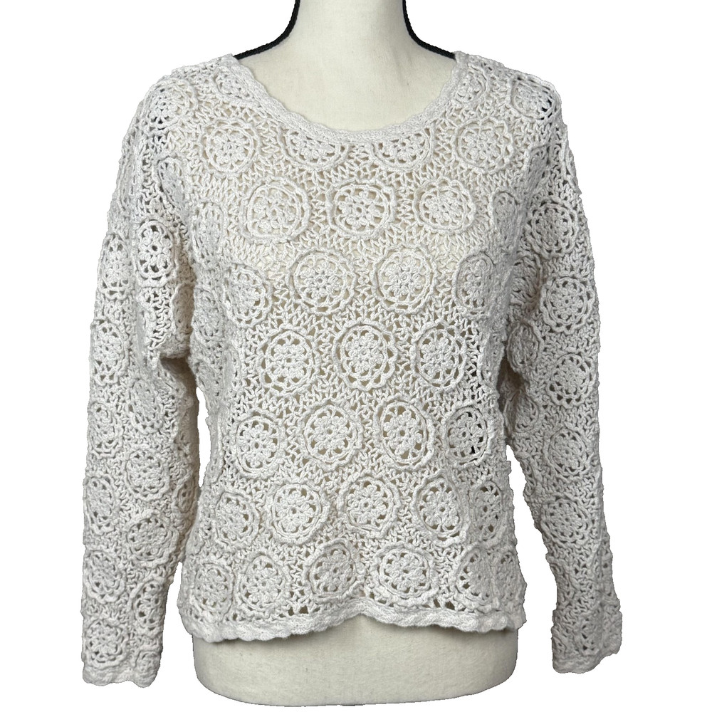 Vtg Cream Crochet Open Knit Boho Sweater M Cottagecore Beachy Layering Coastal