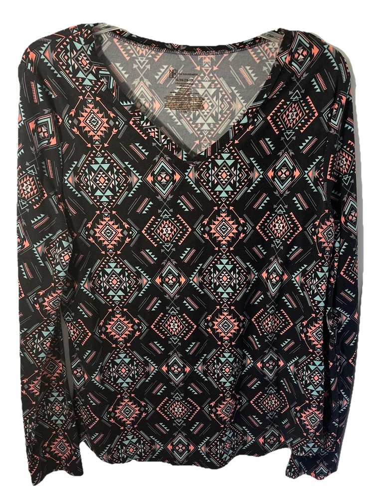 NO BOUNDARIES Women’s Size XL (15-17) V-Neck Tee Long Sleeves Southwest Design
