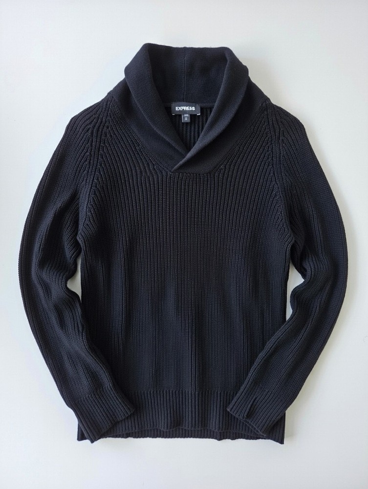 Express Men's Black Chunky-Knit Shawl Collar Pullover Sweater Long Sleeve Size M