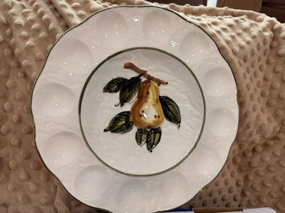 Vintage Deviled Egg Plate Pear Fruit Design White Ceramic Serving Platter