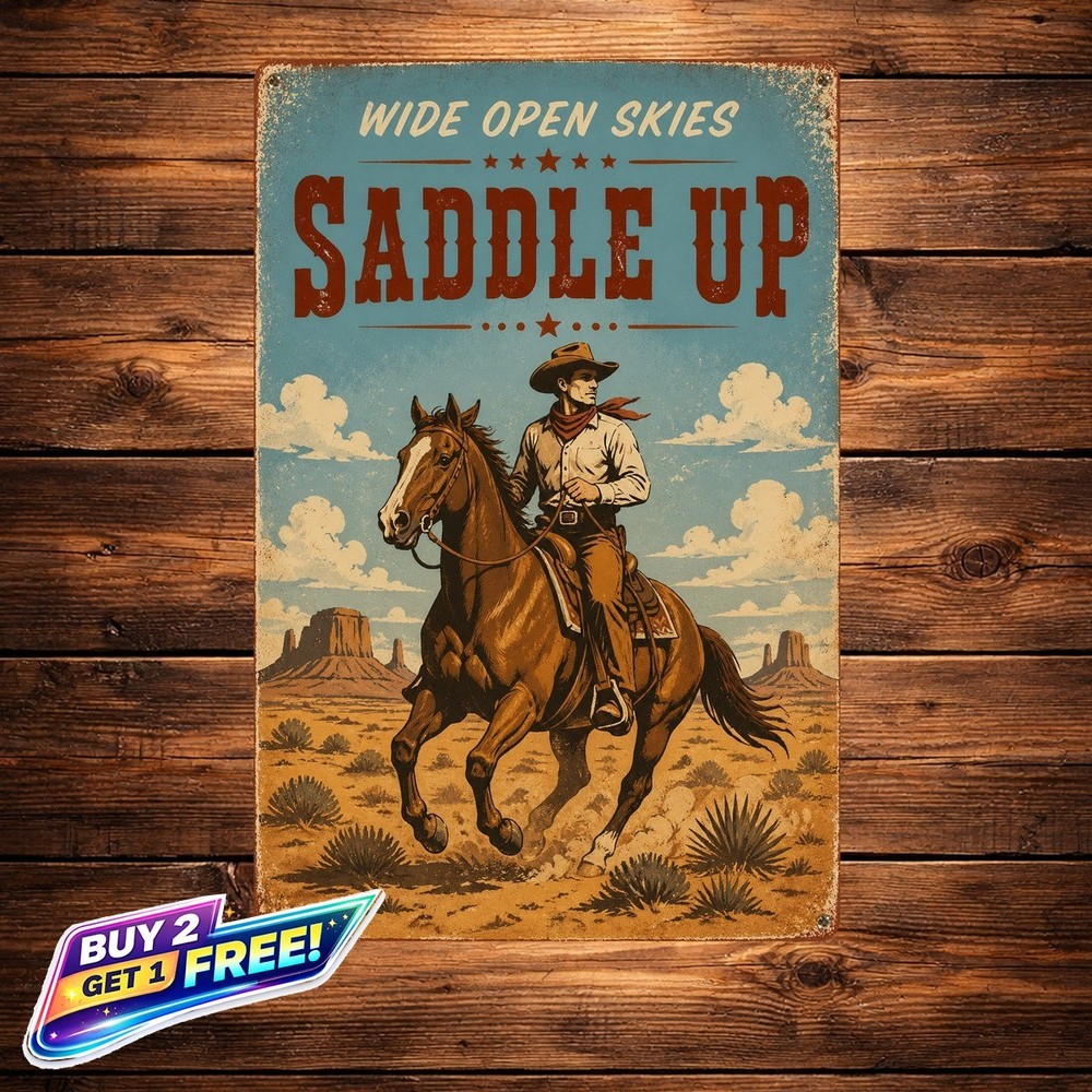 Retro Cowboy Riding Horse Metal Sign Western Poster Style Tin Wall Plaque