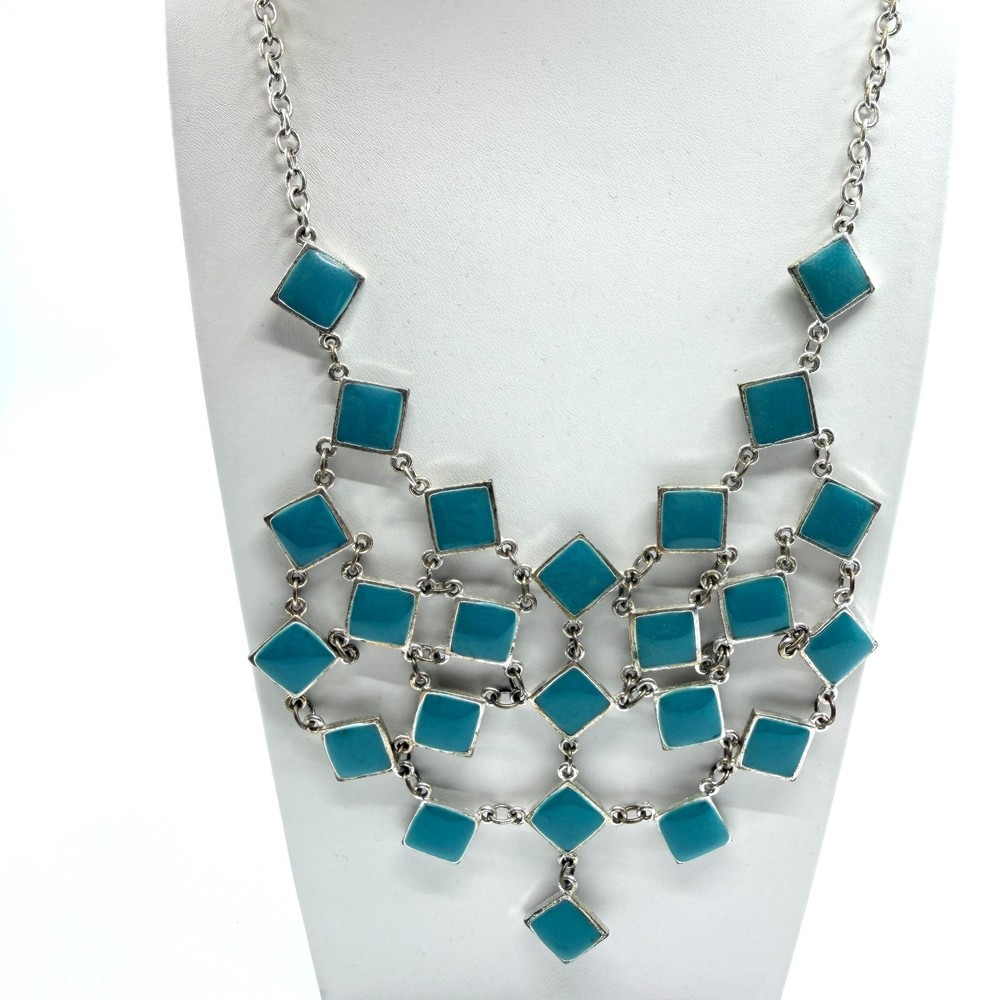 Vintage Y2K Teal Enamel Geometric Bib Statement Necklace Silver Tone Multi Tier