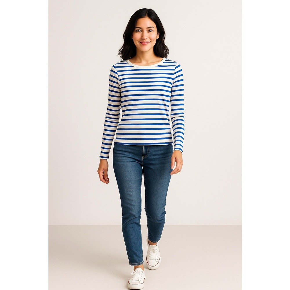 Blue White Striped Long Sleeve Tee Womens Size M Casual Cotton Top