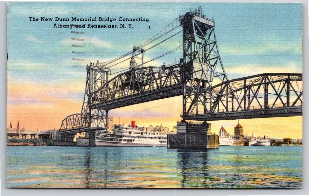 Albany New York~New Dunn Memorial Bridge To Rensselaer~Vintage Linen Postcard