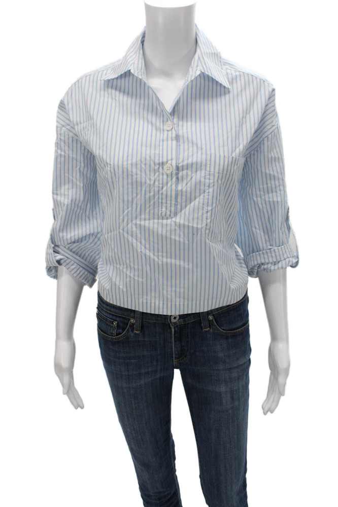 Tuckernuck Womens Striped Cotton Collared Blouse 3/4 Sleeve Blue Size SFree Shipping in US $100+ Orders | $6.95 Orders Below