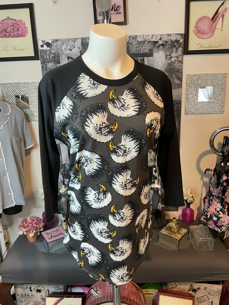 New Woman's LuLaRoe Dark Gray with Eagle Pattern Black 3/4 Sleeve  RANDY Top  S