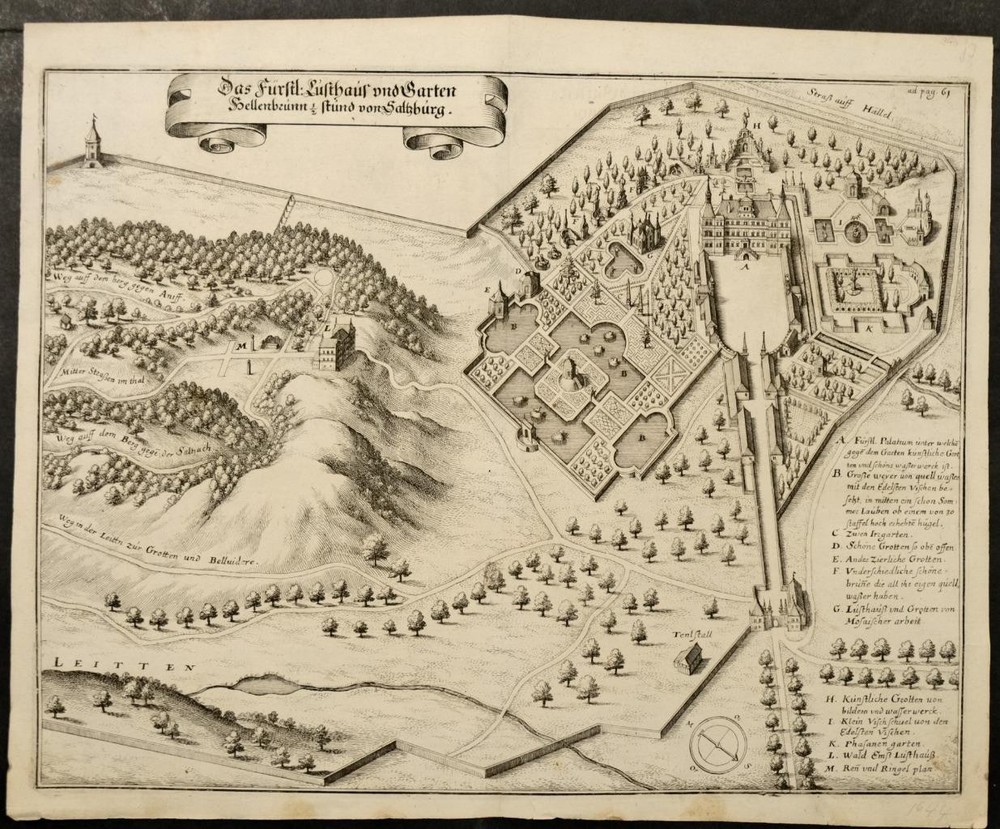 Hellbrunn Palace Austria 1656 Merian Unusual Antique Copper Engraved City ViewANTIQUE ORIGINAL VIEW OF HELLBRUNN PALACE AUSTRIA