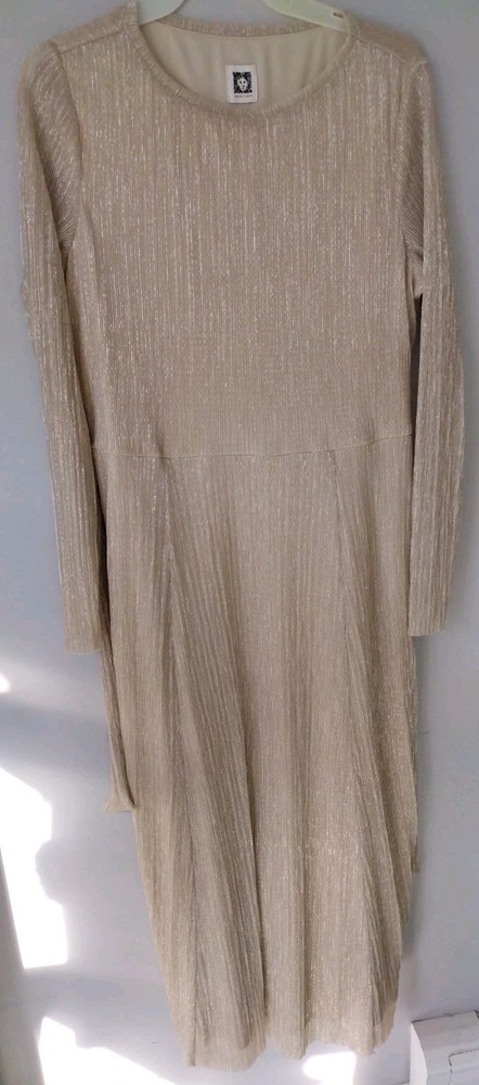 Anne Klein Women's Gold Crinkle Metallic Waist Tie Dress Size 12 Long Sleeve