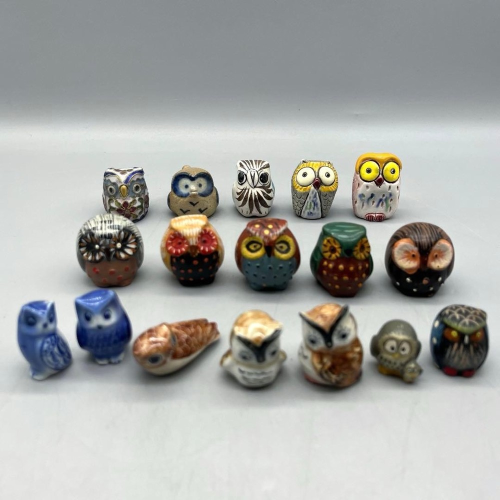 Vintage Miniature Owl Collectible Set 17pcs Ceramic Glass Stones Lucky Charm