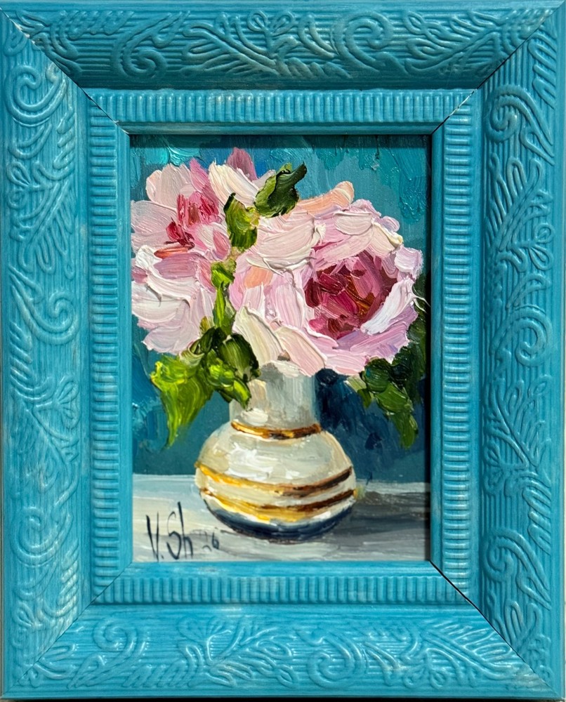 Original Oil Painting Pink Peonies Flowers Still life Vase Art Framed 4x5 in