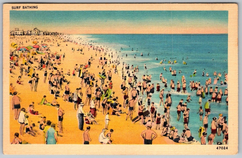 Vtg Linen Postcard Surf Bathing Beach Scene Stone Harbor, NJ 1940s