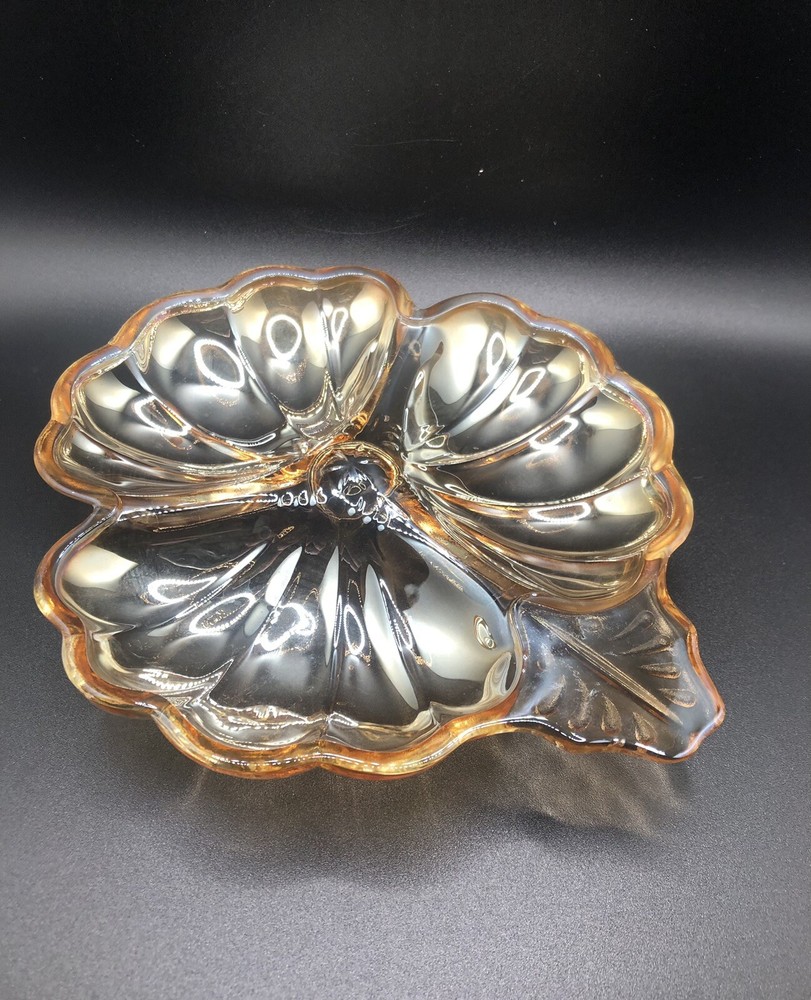 Vintage Jeanette Carnival Glass Marigold Three Leaf Clover Candy Nut Dish 7