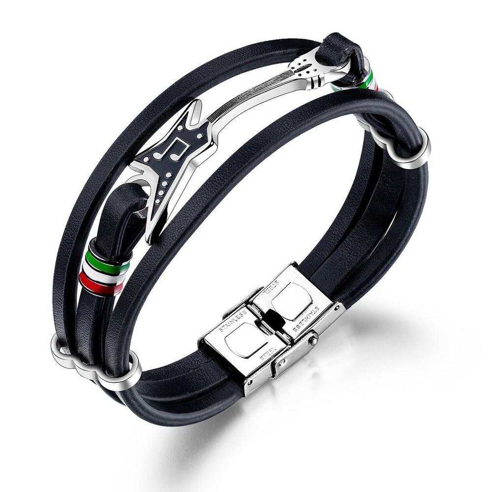 Men's Black Braided Leather Cuff Bracelet with Stainless Steel for Music Fans