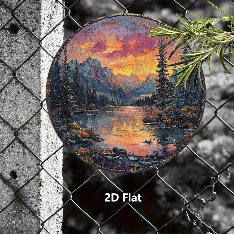 8x8inch Vintage Sunset Mountains and Lake Landscape Round Metal Sign