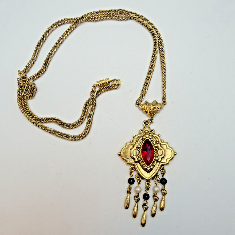 Victorian Revival Pendant Necklace Gold Tone Red Glass Rhinestone Pearl Size 24”