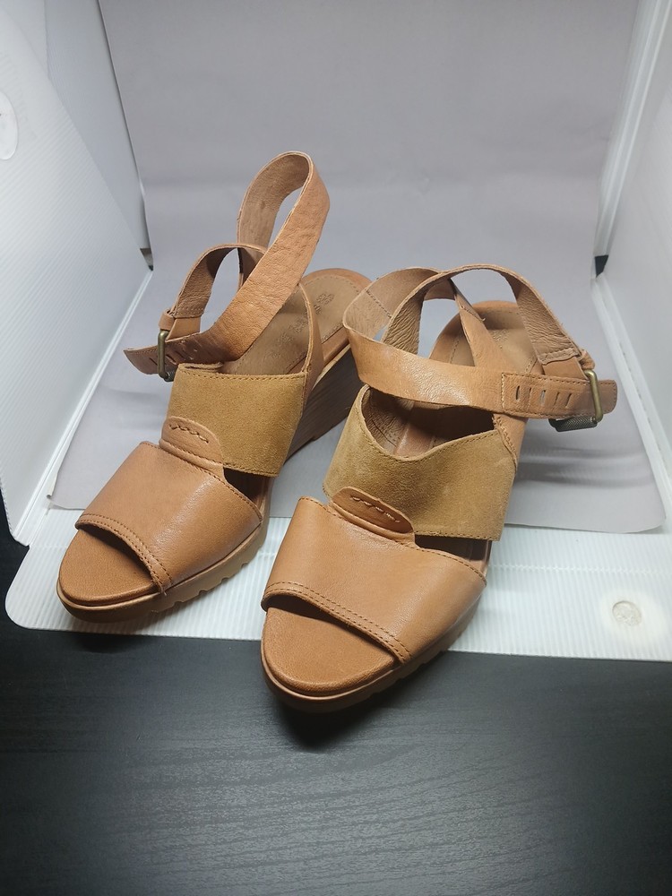 Sorel After Hours Comfortable Camel Brown Leather Wedge Sandals Size 9.5