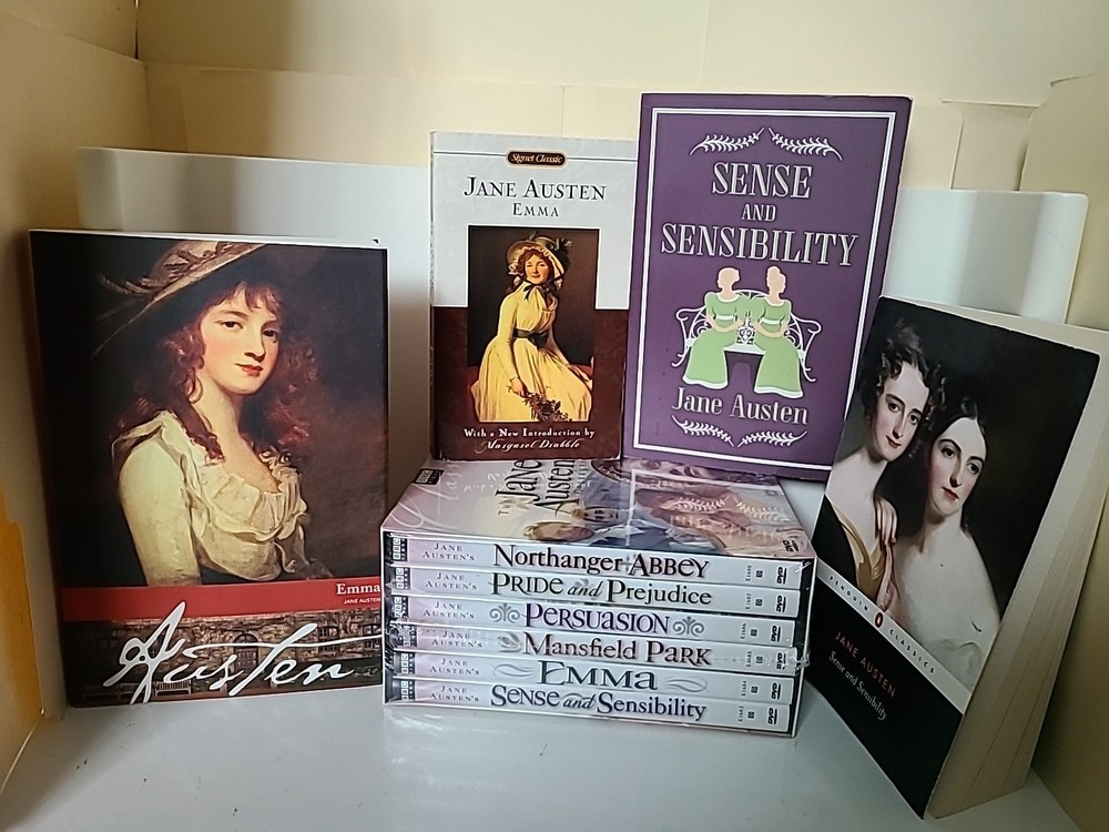 Assemblage of Austen (Jane) DVD set; paperback editions of her fiction