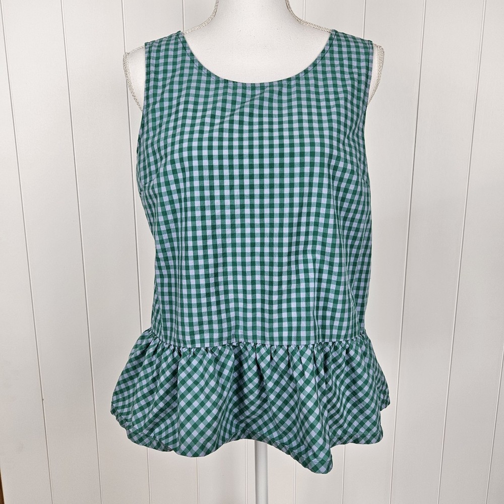 J Crew Tank Top Gingham Peplum Sleeveles Bow Back Blue Green Medium