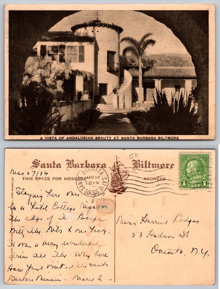 1939 Santa Barbara Biltmore Hotel Postcard - Andalusian Beauty California CA