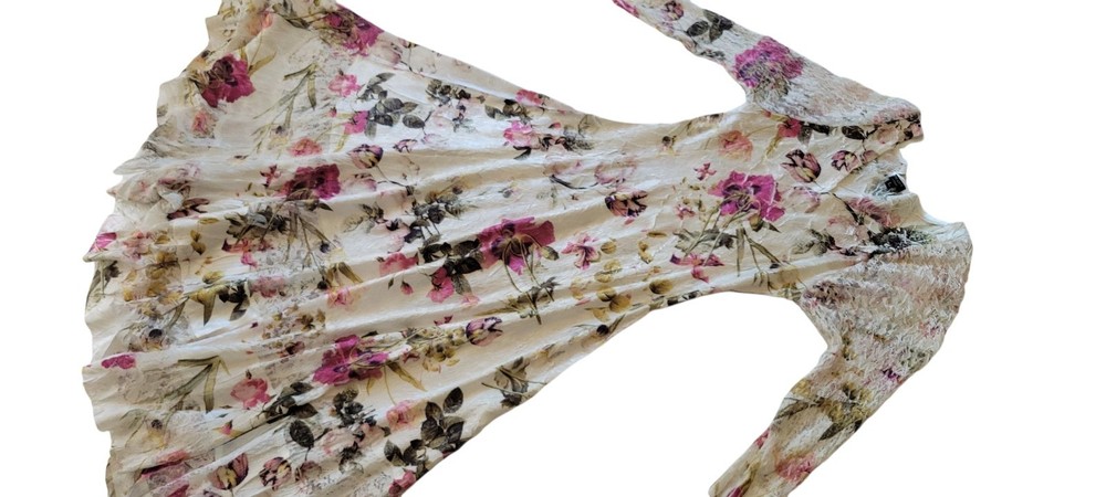 Komarov Dress Womens L White Pink Floral Crinkle Maxi 3/4 Sleeve Made in USA