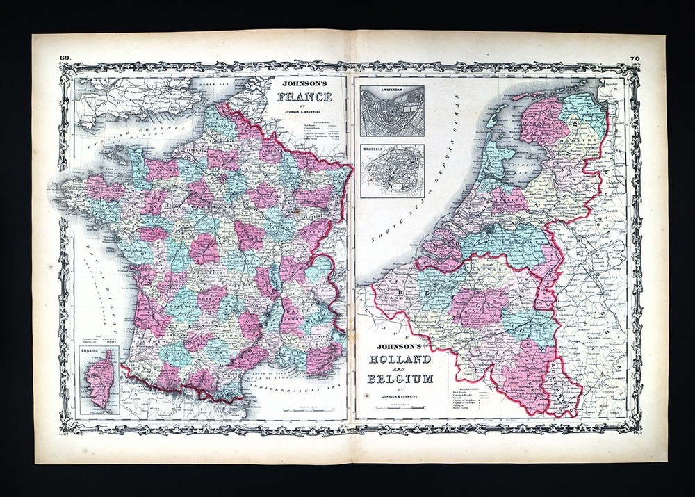 1860 Johnson Map France Holland Belgium Netherlands Paris Brussels Amsterdam